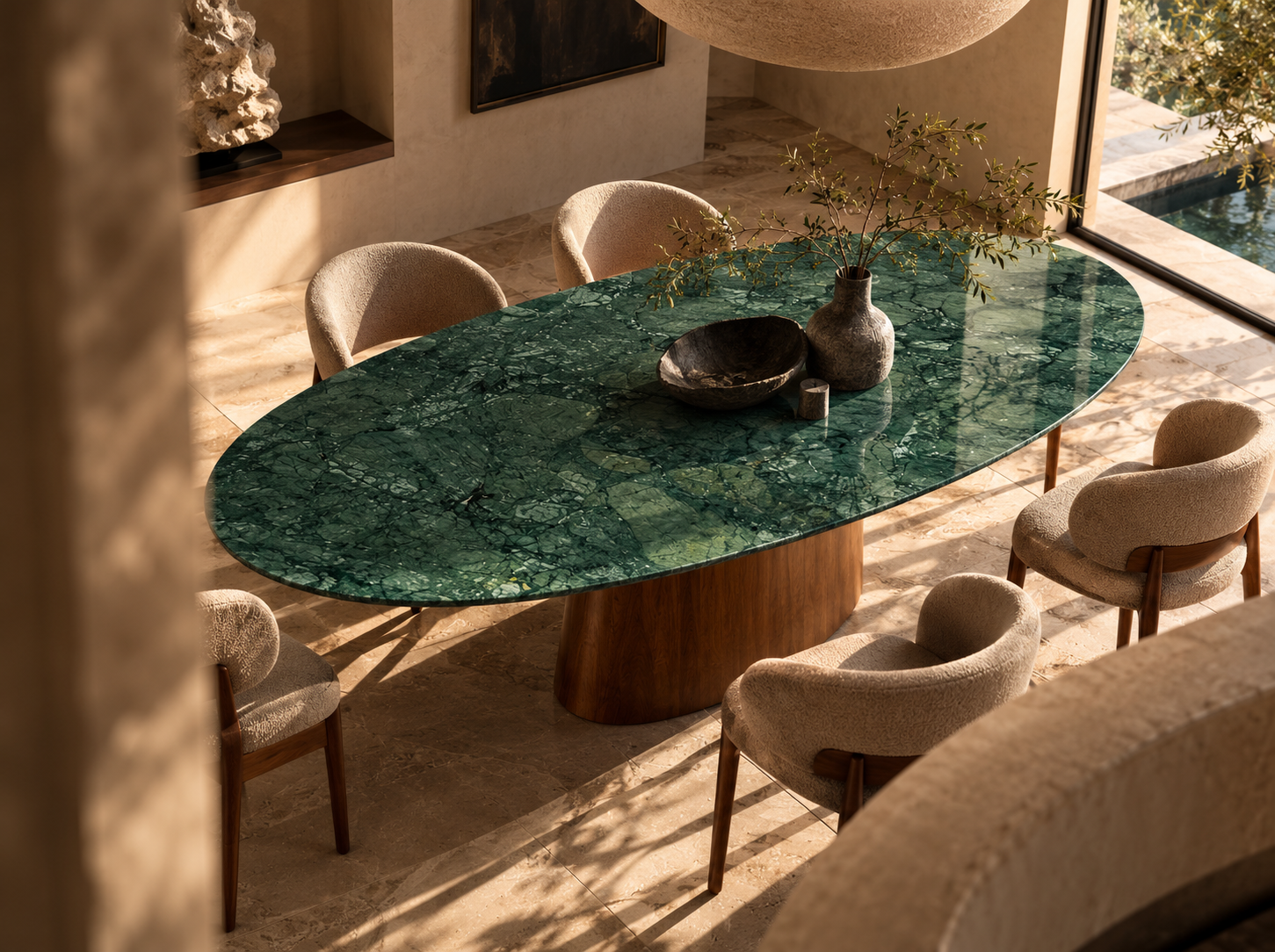 Mesa Alba em Mármore Verde Guatemala — proposta conceitual