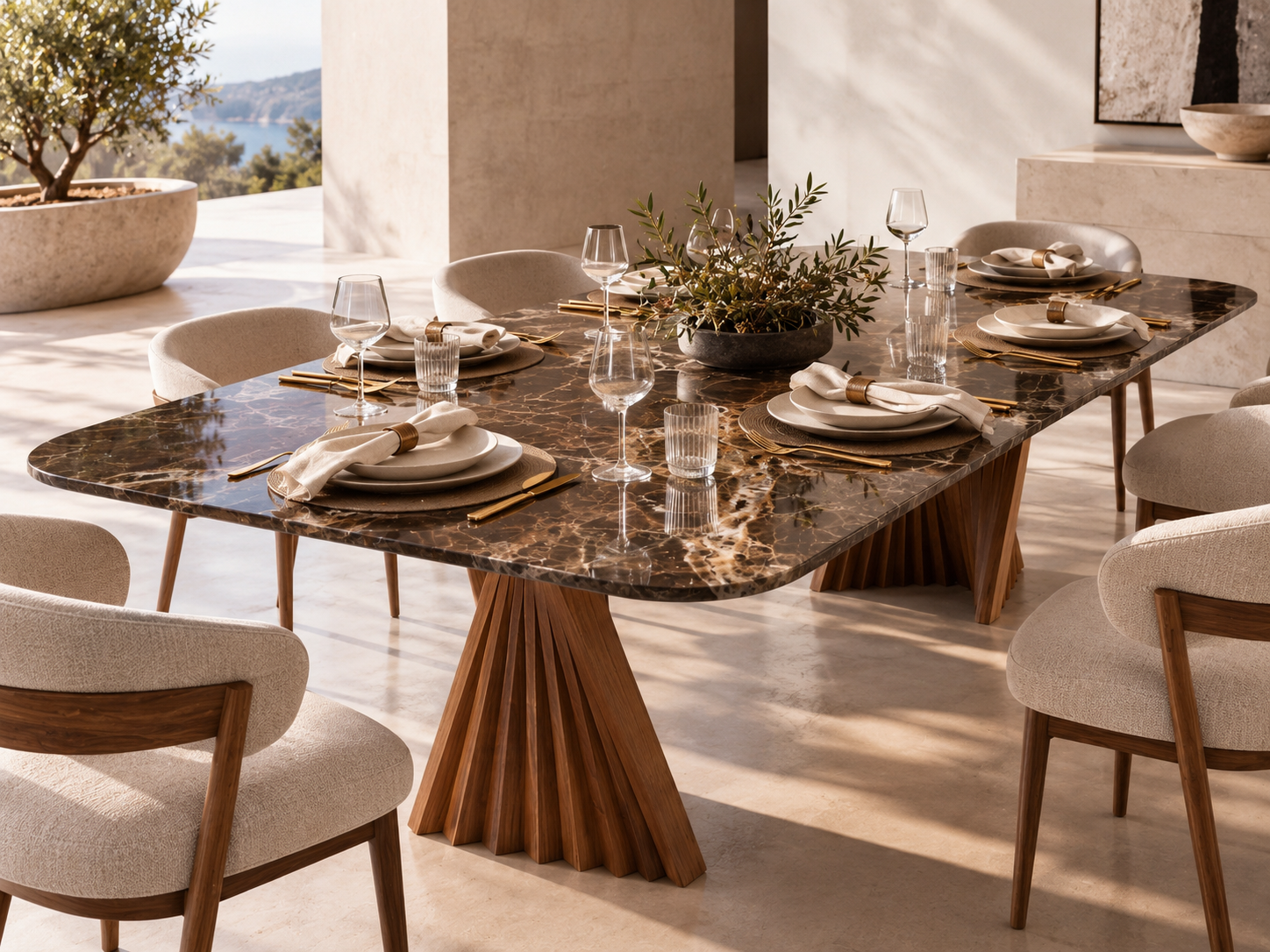 Mesa Serena em Mármore Marrom Imperial — proposta conceitual