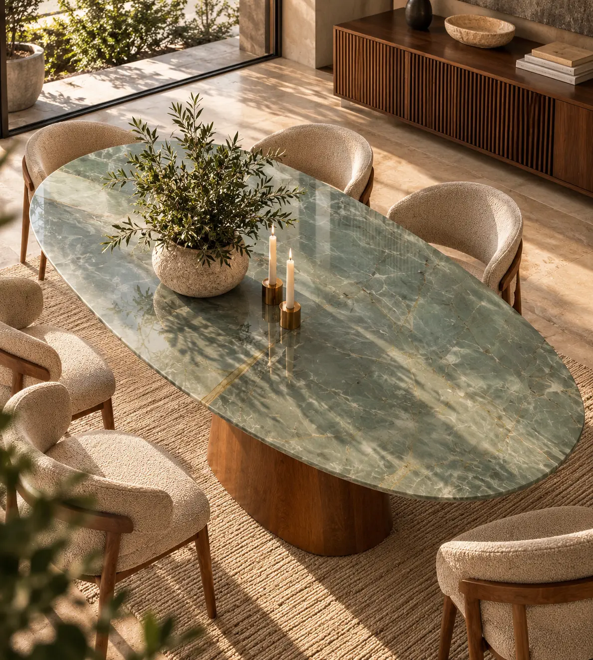 Mesa Atria em Quartzito Emerald Green — proposta conceitual